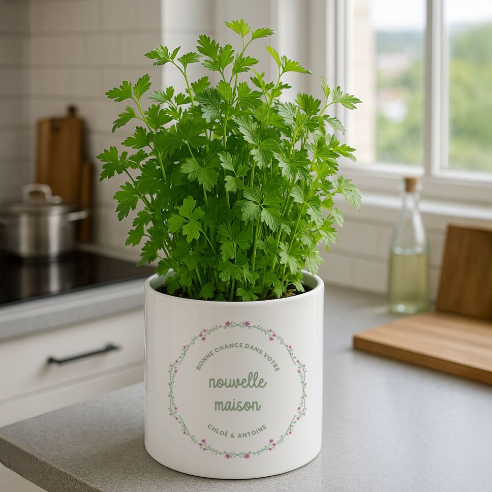 Pot de fleurs personnalisé avec couronne de fleurs et texte