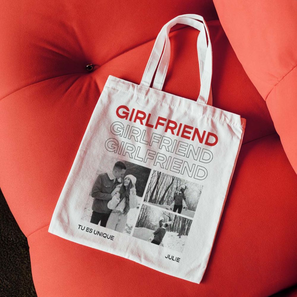 Tote bag personnalisé avec photos et texte en noir et blanc