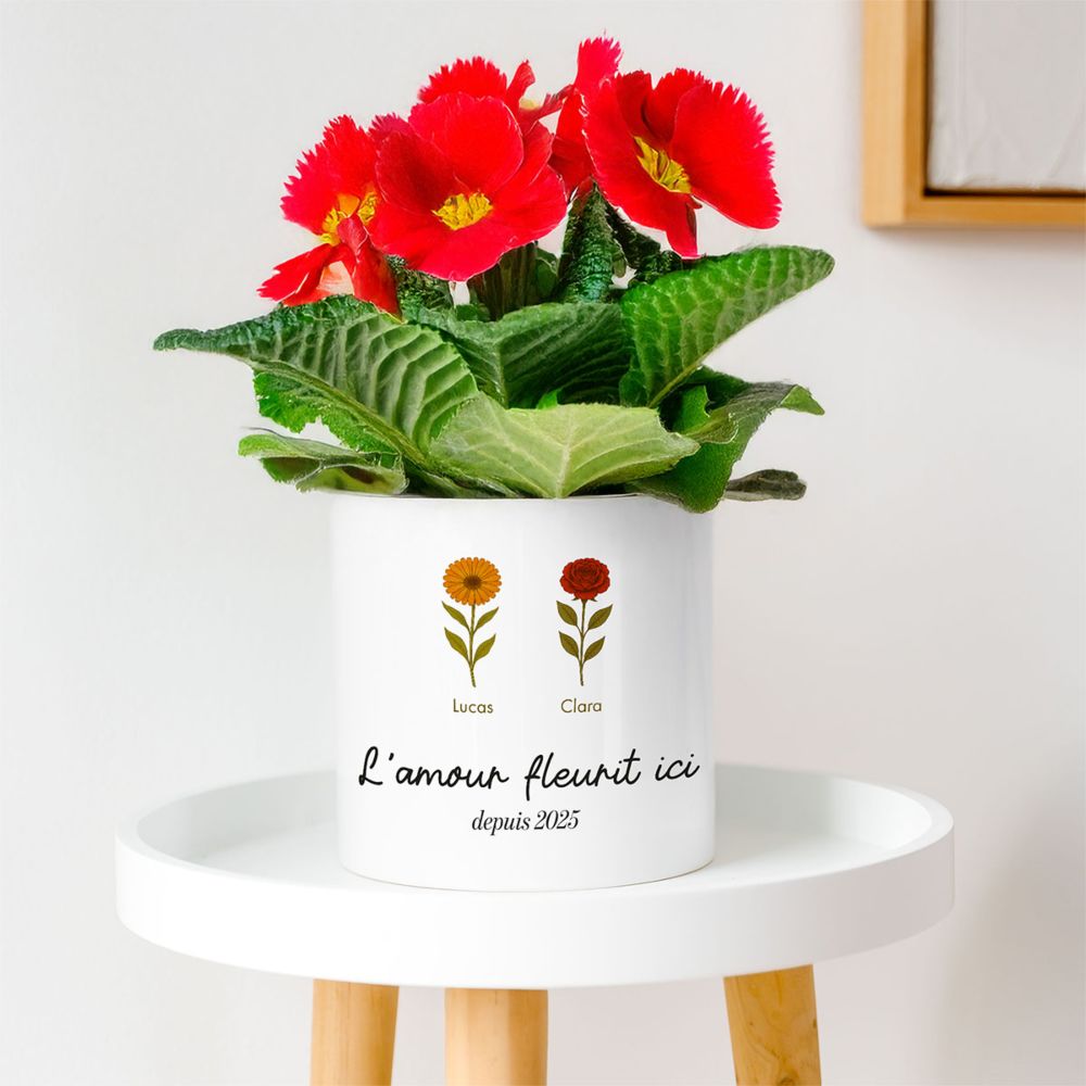 Pot de fleurs personnalisé avec fleurs de naissance