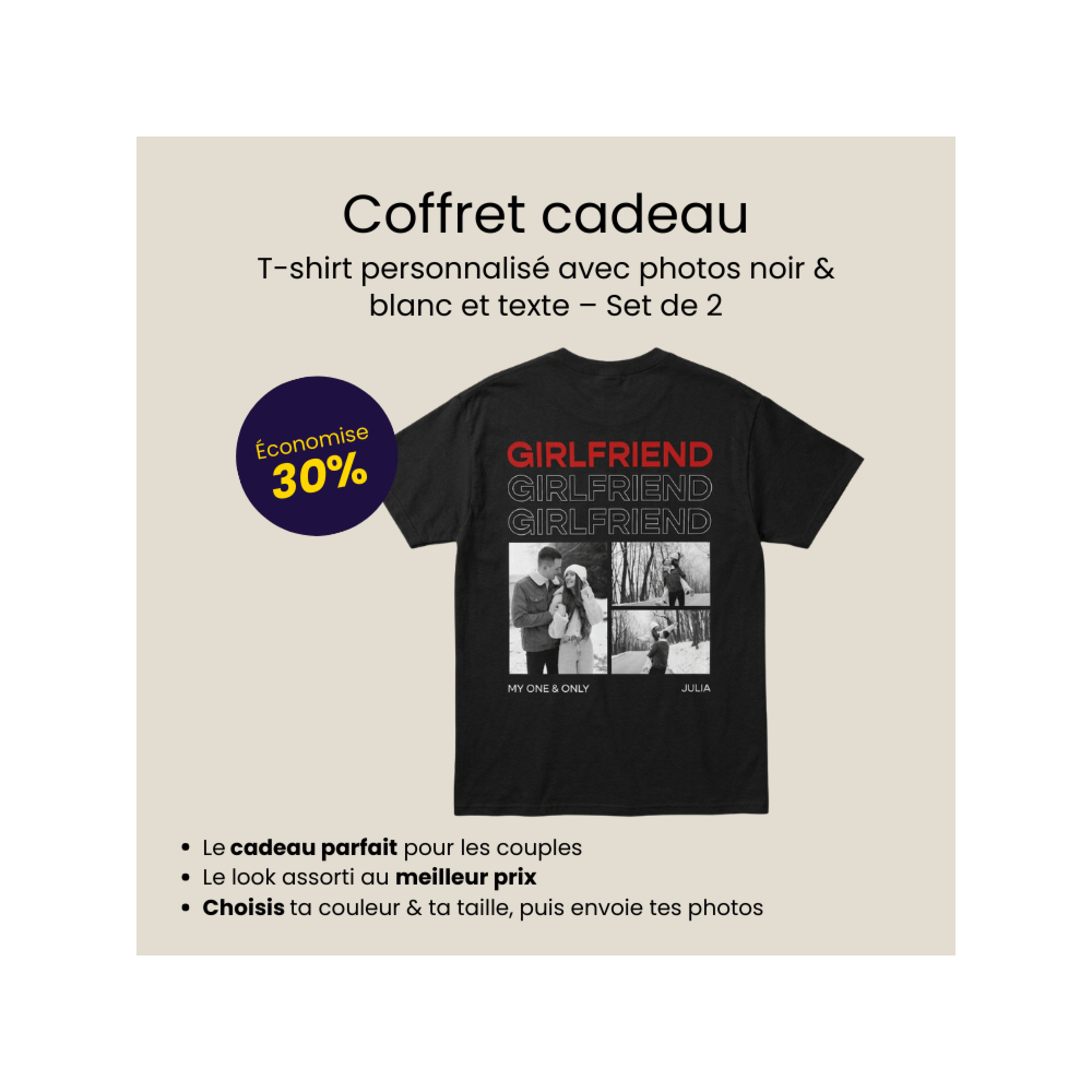 Coffret cadeau lot de 2 T-shirts avec photos en noir et blanc et texte