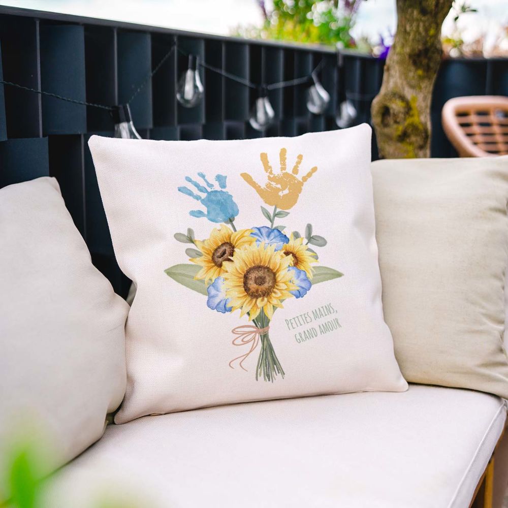 Housse de coussin personnalisée Bouquet avec empreinte de main