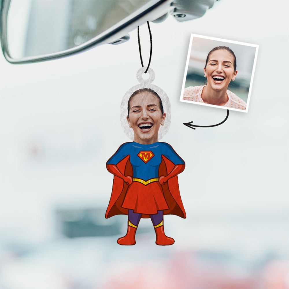 Désodorisant voiture personnalisé Superhéroïne avec visage - Lot de 2