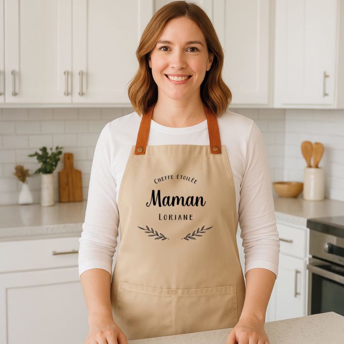 Tablier de cuisine personnalisé avec laurier et texte