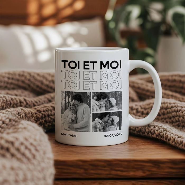Tasse personnalisée avec photos et texte en noir et blanc